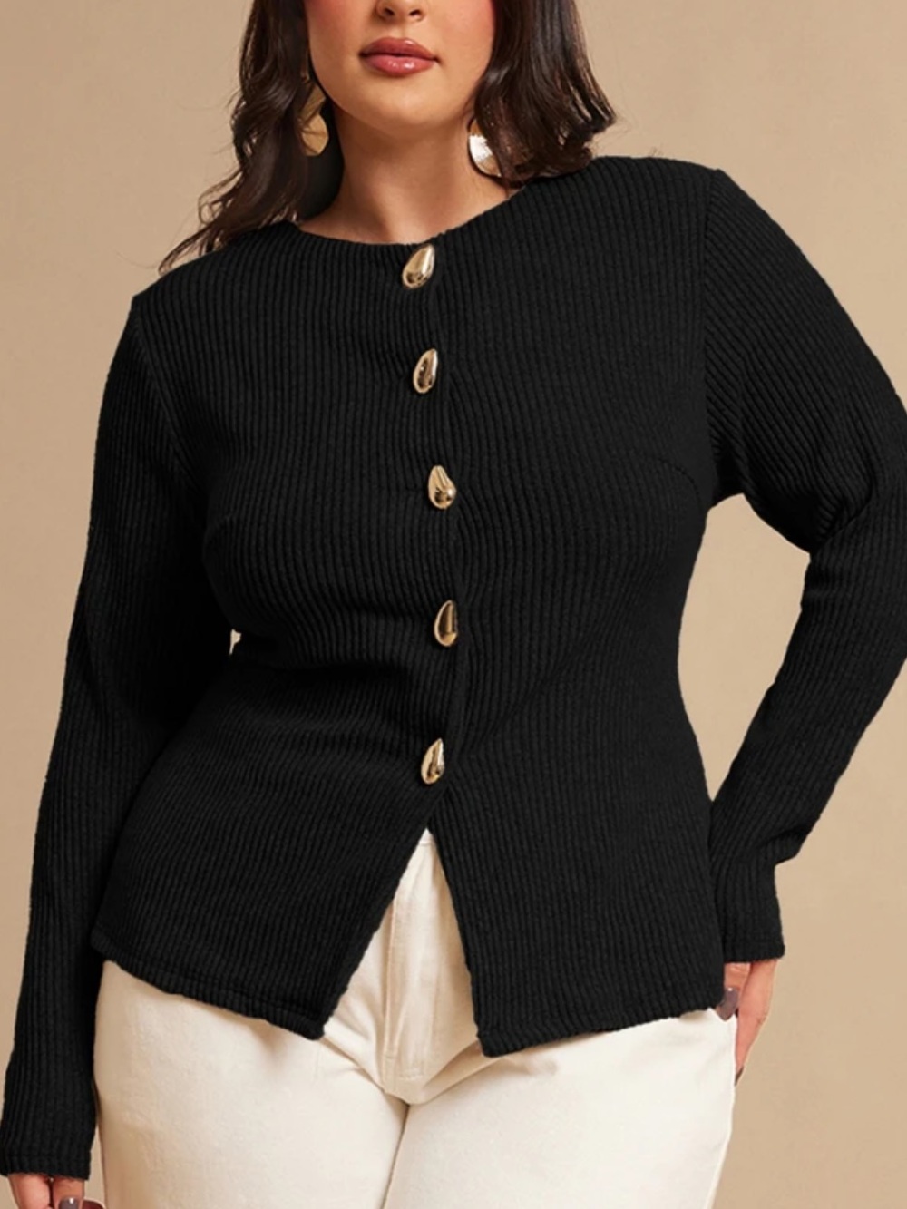 Black Ribbed Button-Front Sweater